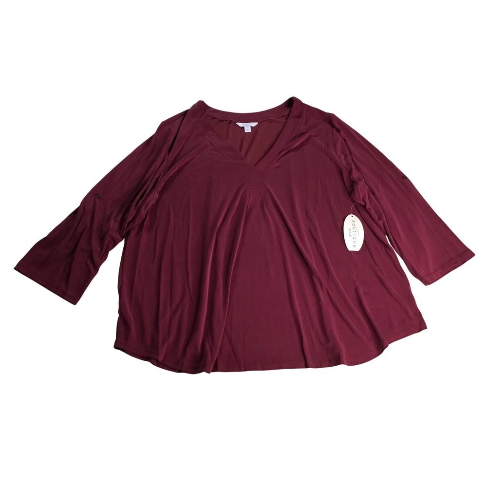 Boutique Plus Women's‎ Burgundy V-Neck 3X Rolled Sleeve Blouse Top